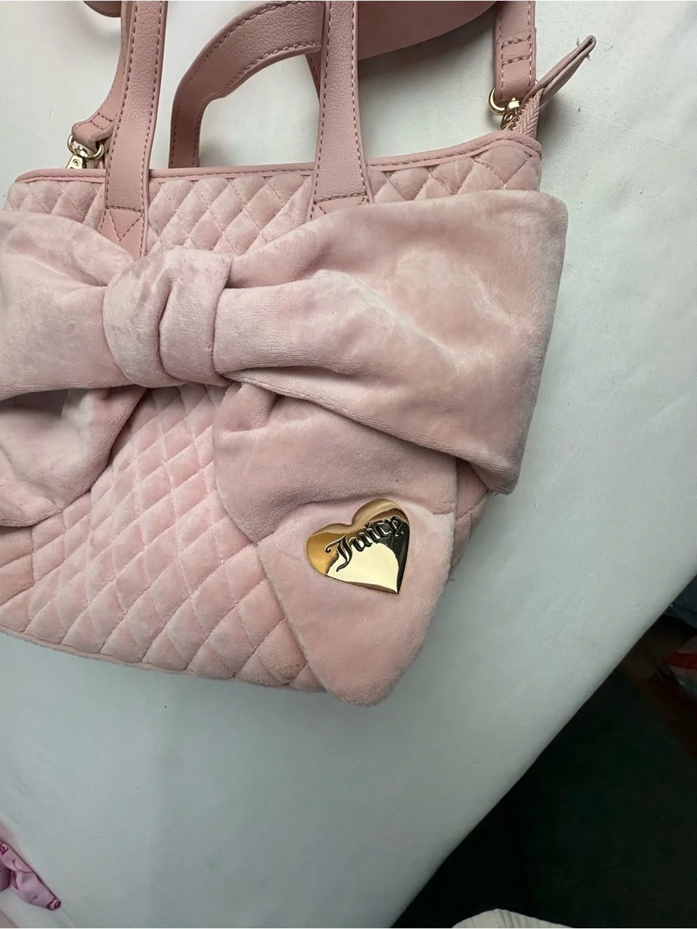 Juicy Couture Blush Pink Quilted Tote with Bow and Gold Heart Logo